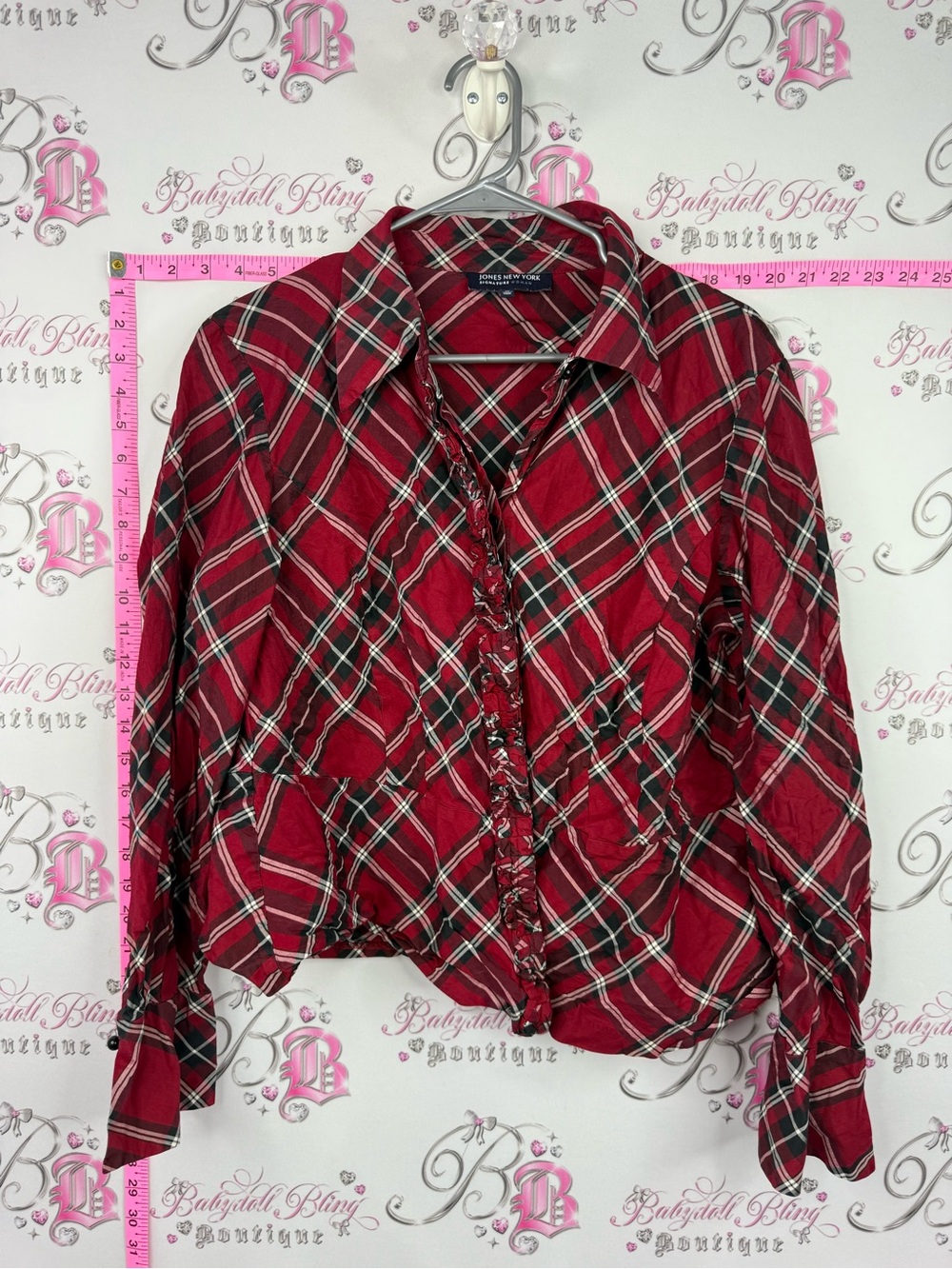 Jones New York ruffle shirt Red Plaid Button-Down Shirt